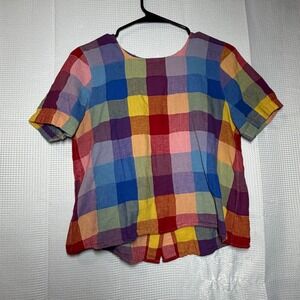 Madewell Short Sleeve Top S Multicolor Rainbow Check Button Back